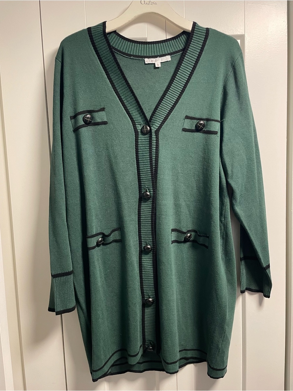 Cleo Long Cardigan Knit Sweater Forest Green and Black XL Longline